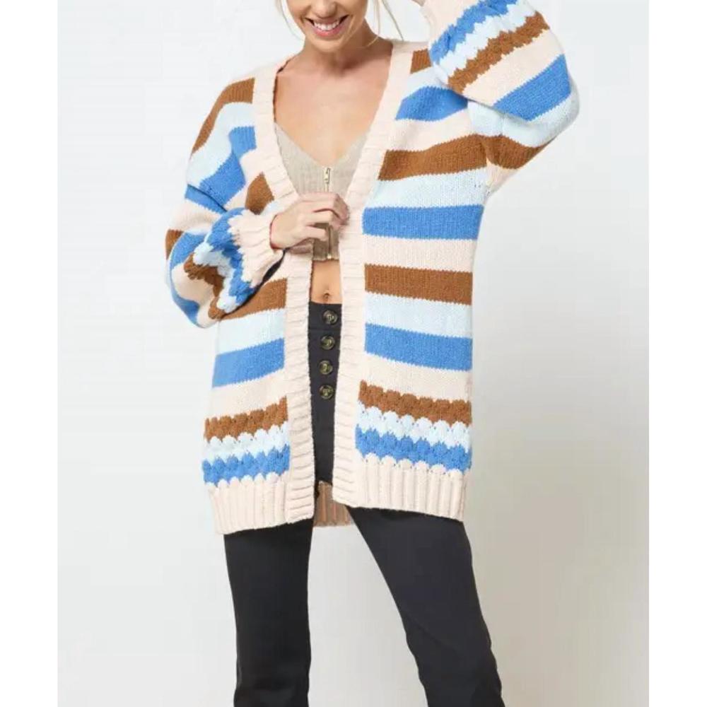 NEW BESTTO multicolor striped open-front cardigan in blue/cream/brown/light blue